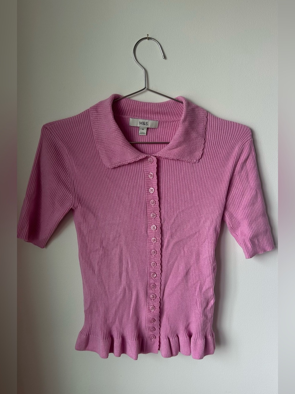 Pink Short-Sleeve Ribbed Button-Up Cardigan